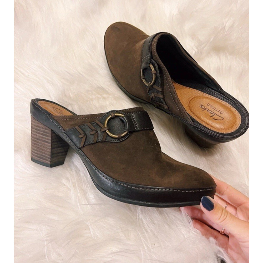 New Clarks Artisan 7.5 Clogs Brown Leather Buckle Boho Mule Heels Slip On Slide
